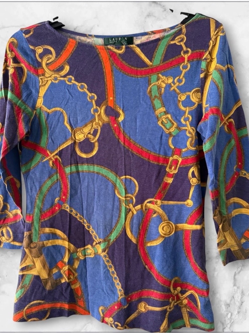 Ralph Lauren Blue Gold Chain Belt Print Boatneck Shirt Sz S - Picture 1 of 4